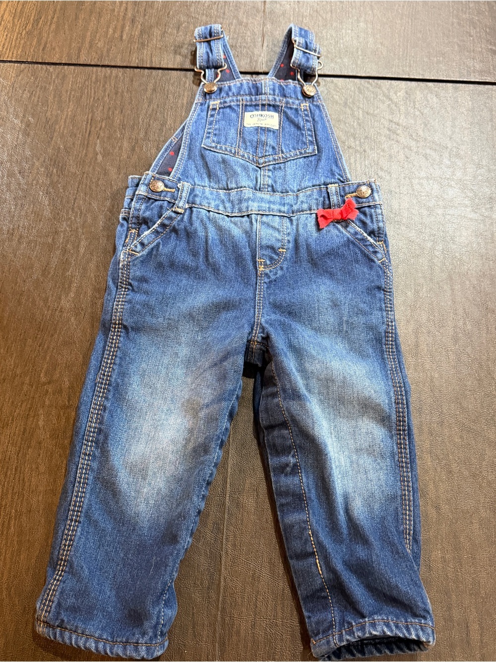 OshKosh B'gosh Toddler Denim Vestback Overalls - Blue with Red Bow, Lined Sz 18M